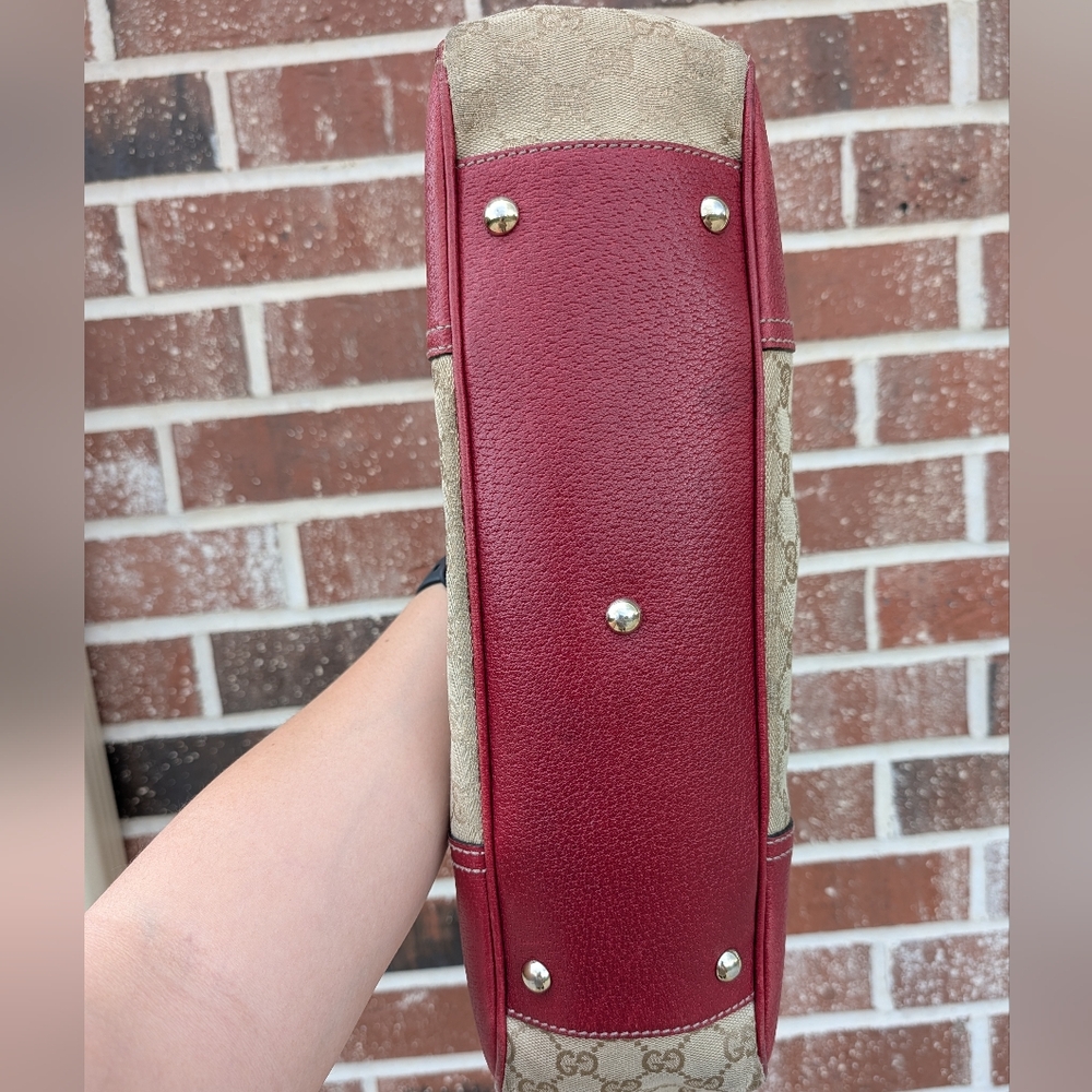 Gucci GG Canvas Tote Bag Red Leather Trim Monogram Shoulder Bag Authentic - Picture 6 of 12